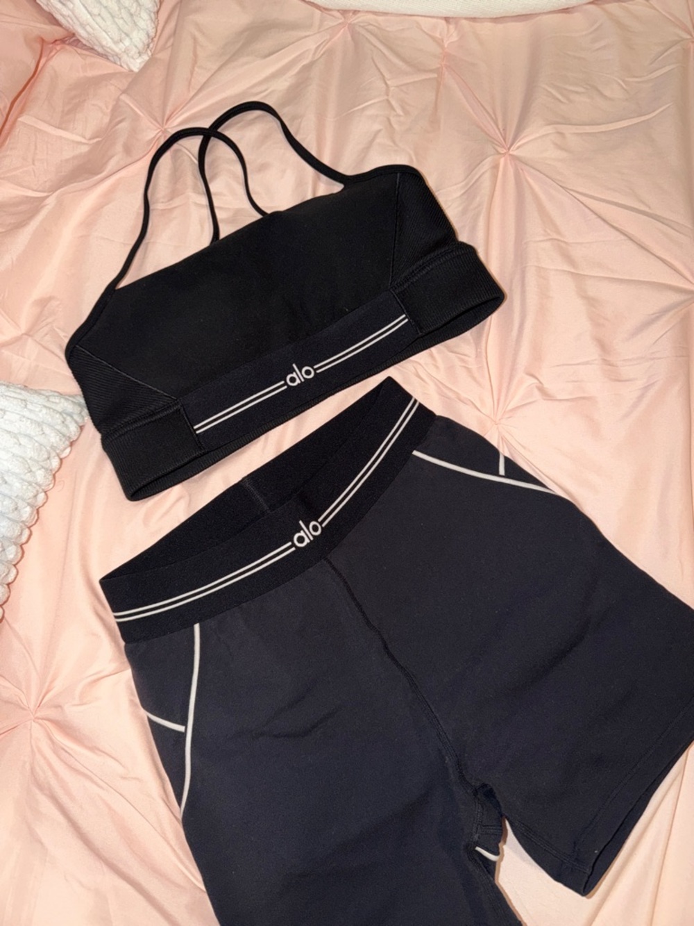 ALO Yoga Black Strappy Sports Bra & High-Waist Shorts — Black with White Piping